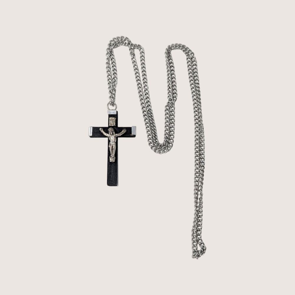 Vintage 1980s Crucifix Necklace | Black Cross Silver Tone Devotional Chain